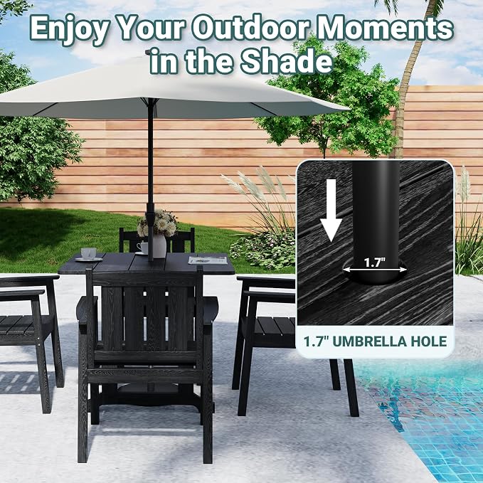 Pamapic 5 PCS Outdoor Dining Set, Spacious HDPE Outdoor Table and Chairs, Wood Grain Patio Furniture Sets with Elegant Armrest, All-Weather Patio Dining Table with Umbrella Hole, Black - Image 3