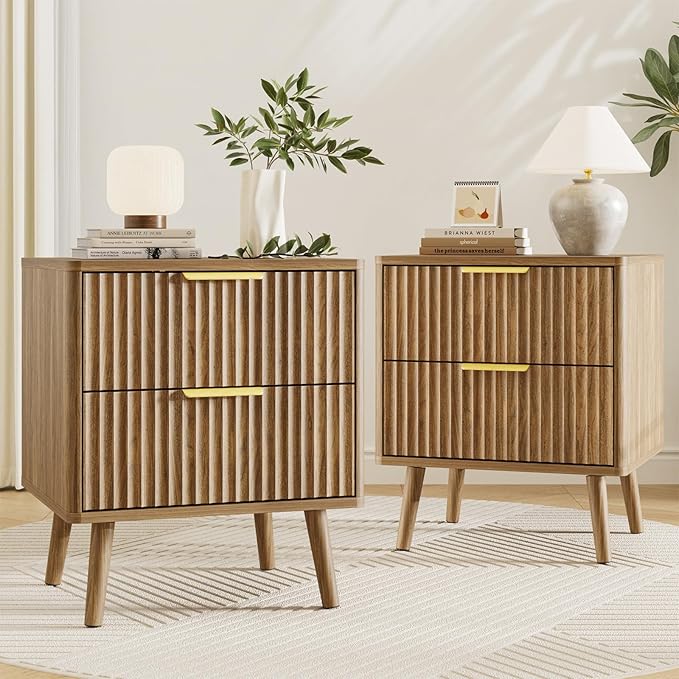 LYNSOM 3 Pieces Queen Bedroom Set, Floating Bed Frame with Smart LED Lights & Nightstand Set of 2, Fluted Bedroom Furniture Set for Home, Bedroom, Walnut