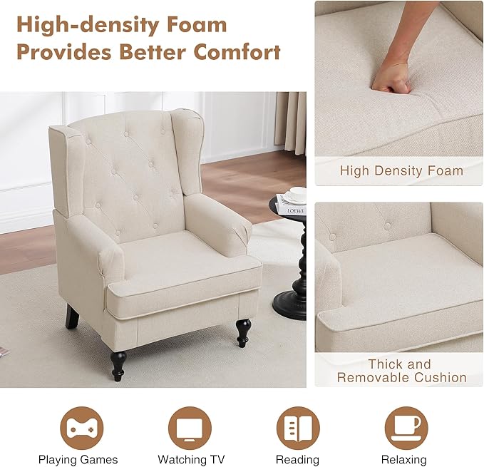 Accent Chair Set of 2, Mid Century Modern Fabric Wingback Chair, Upholstered Armchair with High Back and Vintage Legs, Comfy Single Sofa Side Reading Chair for Living Room Bedroom, Khaki