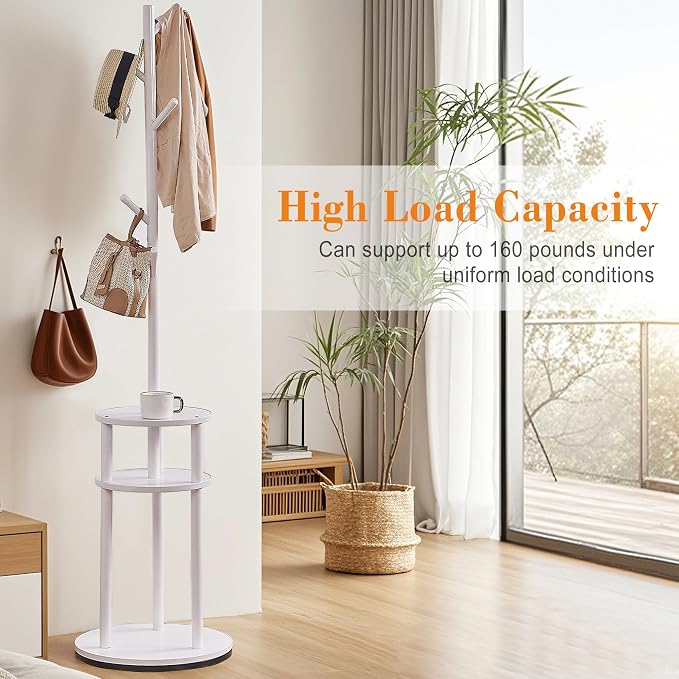 VECELO Coat Rack Freestanding, Entryway Hanger Stand, Umbrella Holder, Hall Tree With Hooks, Floor Standing Metal Tree Stand,White - Image 9