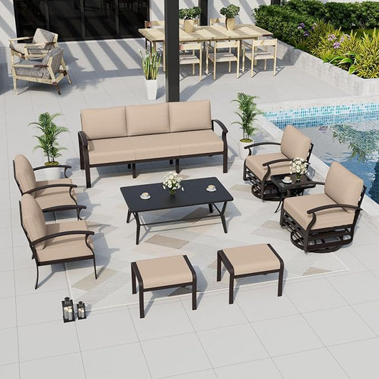 ALAULM Aluminum Patio Furniture Set with Coffee Table Rectangular, 9-seat Outdoor Sectional Furniture w/Swivel Chairs and 2 Ottomans, Patio Conversation Set for Porch, Backyard, Poolside-Sand