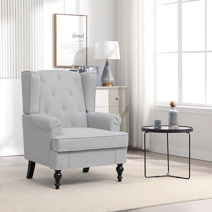 Accent Chair Set of 2, Mid Century Modern Fabric Wingback Chair, Upholstered Armchair with High Back and Vintage Legs, Comfy Single Sofa Side Reading Chair for Living Room Bedroom, Light Grey