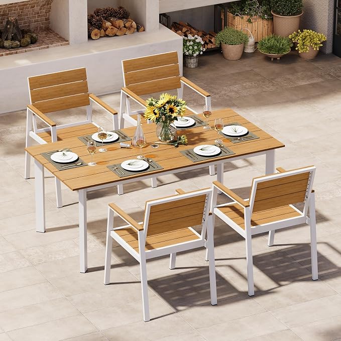 Outdoor Dining Set for 4, Patio Table and Chairs Set with Umbrella Hole, 5 Pieces HDPS + Aluminum Outdoor Furniture Sets for Patio, Garden (White & Teak) by Oasbira