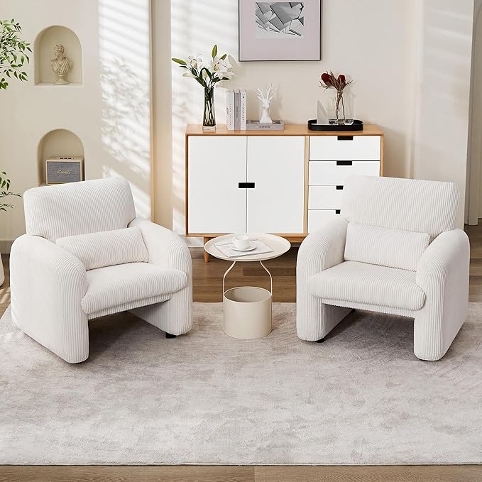 Modern Accent Chairs Set of 2, Comfy Upholstered Corduroy Armchair, Stylish Lounge Reading Chair for Living Room, Bedroom, Beige