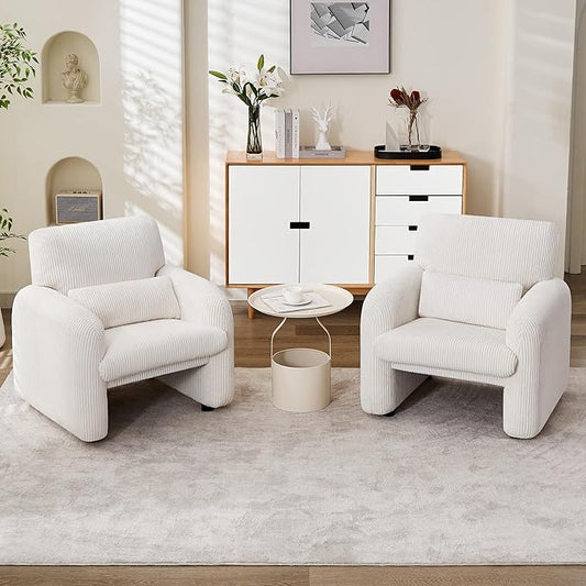 Modern Accent Chairs Set of 2, Comfy Upholstered Corduroy Armchair, Stylish Lounge Reading Chair for Living Room, Bedroom, Beige