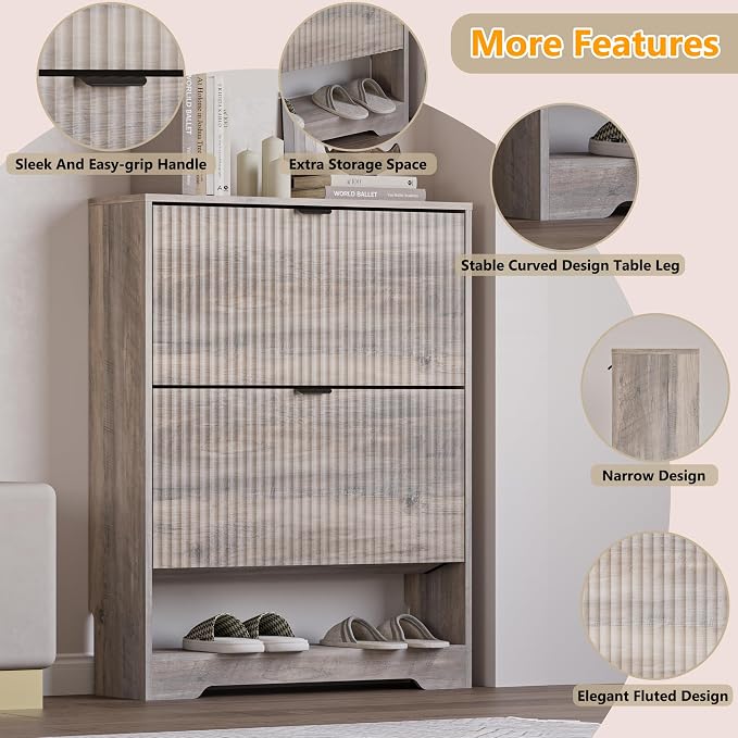 BORNOON Shoe Cabinet with 2 Flip Drawers, Fluted Shoe Storage Cabinet with Adjustable Shelves, Freestanding Rack and Organizer for Entryway, Closet, Hallway - Image 4