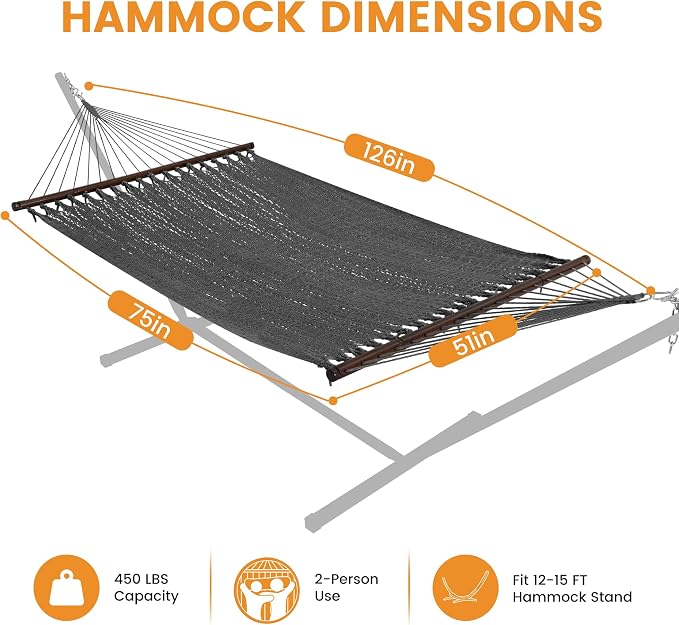 Lazy Daze Hammocks 10.5 FT Double 2 Person Caribbean Rope Hammock, Hand Woven Polyester Hammock with Spreader Bars, for Outside Outdoor Backyard Patio Poolside, 450 LBS Capacity, Gray - Image 6