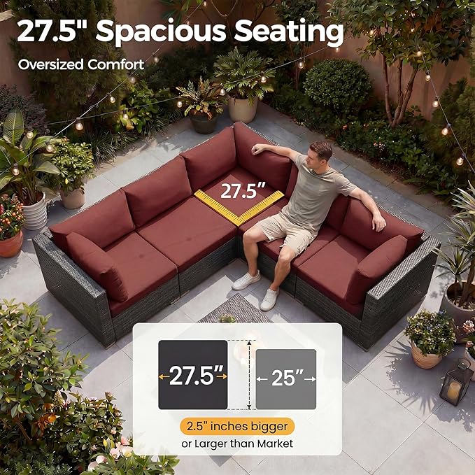 NICESOUL 13 Piece Large Outdoor Sectional with Fire Pit Table, 29.3'' High Back Patio Furniture with Fire Pit Table & Chaise Lounge, Big Deep 10-Seater for Garden, Grey Wicker & Burgundy Cushion