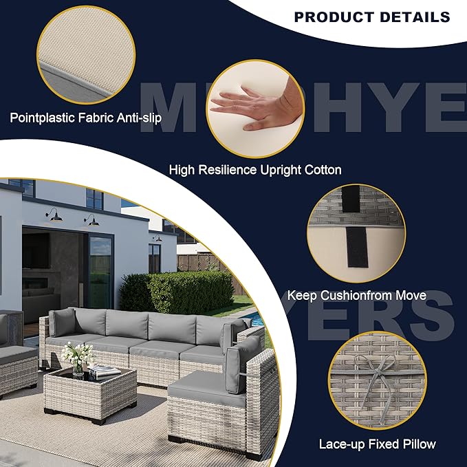 14-Piece Outdoor Patio Furniture Set, PE Wicker Rattan Sectional Sofa Conversation Set with Tempered Glass Table & Thick Cushions - All-Weather Garden, Backyard Furniture, Grey