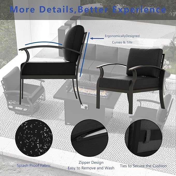 Aluminum Outdoor Patio Furniture Set,5 Pieces 5 Seats Metal Patio Sectional Furniture Set,Patio Conversation Sets with 45" Propane Fire Pit Table,Swivel Rocking Chairs Set,Black