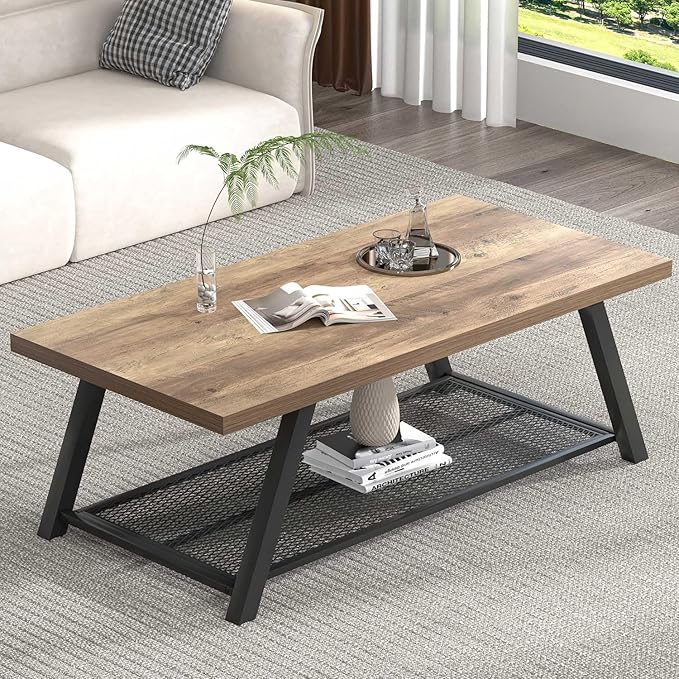 FOLUBAN Coffee Table with Storage, Modern Rustic Wood and Metal Coffee Tables for Living Room, Industrial 2-Tier Center Tea Cocktail Table, Oak, 47 Inch