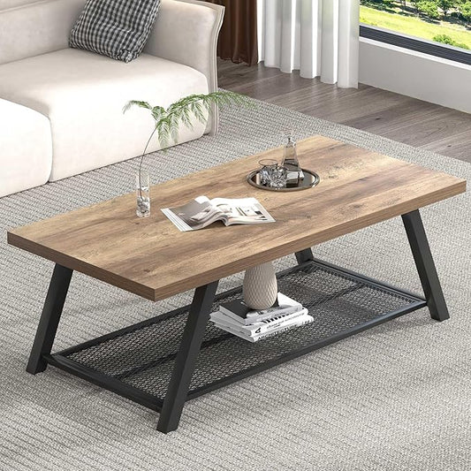 FOLUBAN Coffee Table with Storage, Modern Rustic Wood and Metal Coffee Tables for Living Room, Industrial 2-Tier Center Tea Cocktail Table, Oak, 47 Inch