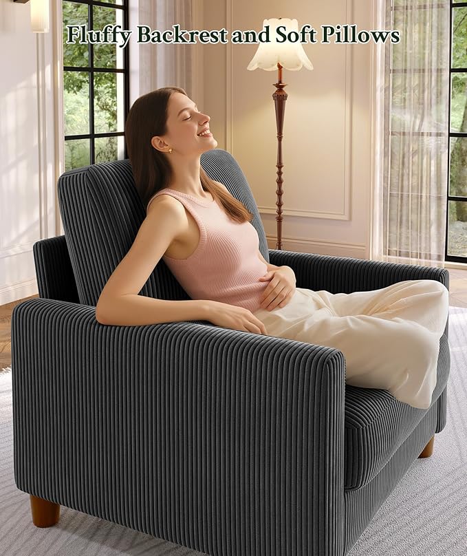 35.3" Couches for Living Room, Comfy Grey Couch Single with 22.5" Deeper Seat, Accent Chair Tool-Free Setup, Reading Chair 440lbs Support, Corduroy Couch for Bedroom, Apartment, Office