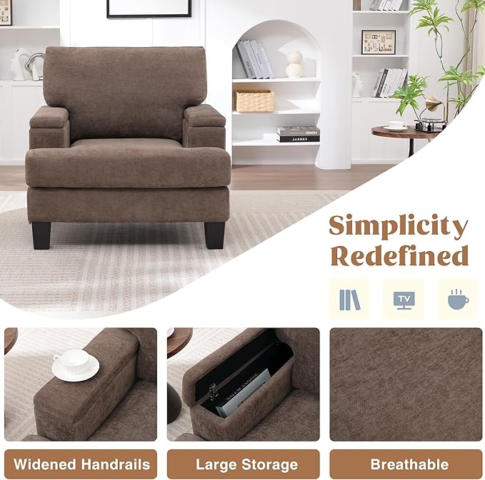 Accent Chair with Storage Armrest, Modern Upholstered Living Room Chairs, Comfy Large Armchair, Fabric Single Sofa ReadingChair for Bedroom, Dark Brown