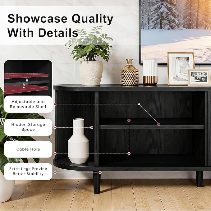 65" Mid Century Modern TV Stand, Wood TV Consoles with Sliding Doors and Power Outlet, Fluted Entertainment Center with Adjustable Shelves, Media Console for Living Room, Black - Image 5