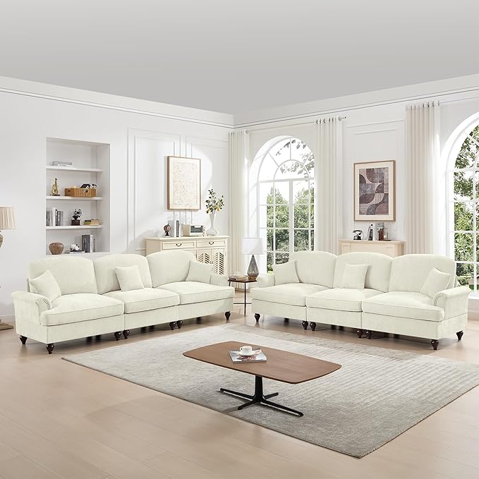 KEIKI Mid Century Modular Sofa with Flared Arms and Skirted Design, 107” Oversized 3-Seater Chenille Sectional Couches Set for Living Room, Modern Comfortable for Living Spaces, Beige White