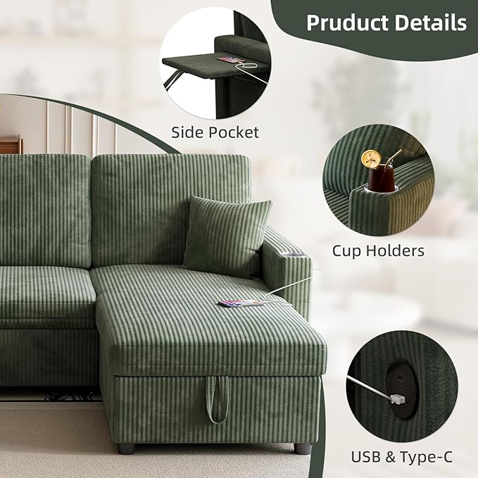 L-Shape Sleeper Sofa with Storage & Ports, Pull-Out Couch Bed with Cup Holders, Side Pockets & Side Table for Living Room, Apartment, Green