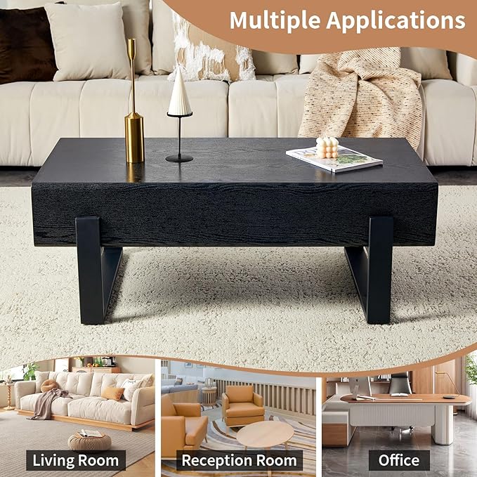 47.24" Rectangle Coffee Table, Wood Coffee Table Center Table with 7.8" Thick Tabletop Metal Legs Rounded Corners for Living Room Office, Black