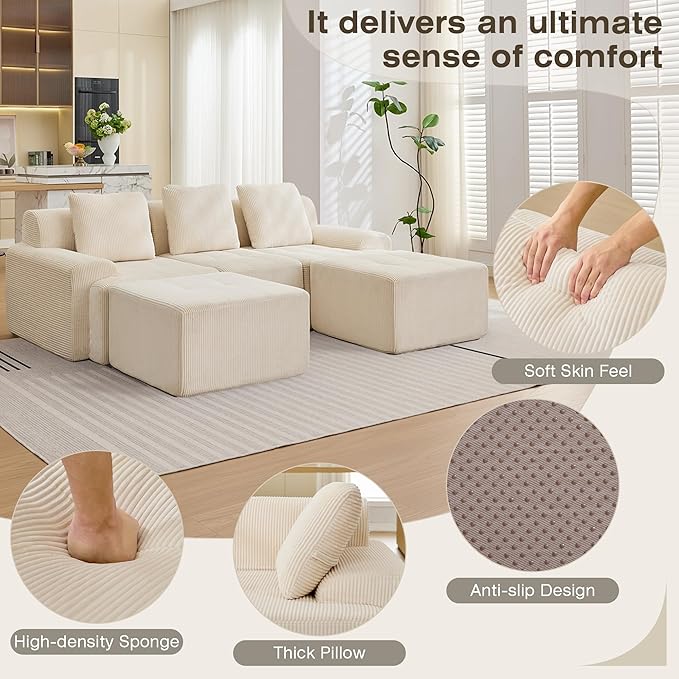Modular Sectional Sofa, 6 Seat Modular Couch, Modular Sofa with Deep Seat and Detachable Pillow (White, 5 Pieces-U Shape)