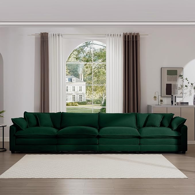 KEIKI 150" Oversized Corduroy Modular Sectional Cloud Sofa with High-Density Foam Cushions, Removable Armrests, Upholstered Modern 4-Seater Fluffy Corner Couch with 6 Pillow, for Living Room, Green