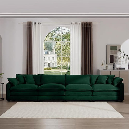 KEIKI 150" Oversized Corduroy Modular Sectional Cloud Sofa with High-Density Foam Cushions, Removable Armrests, Upholstered Modern 4-Seater Fluffy Corner Couch with 6 Pillow, for Living Room, Green