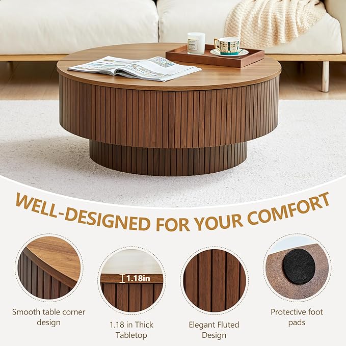 33" Round Coffee Table with Lift-Top & Flip-Top Storage, Modern Accent Fluted Coffee Tables with Metal Frame, Wooden Circle Center Table for Living Room Small Space Apartment Office (Walnut)