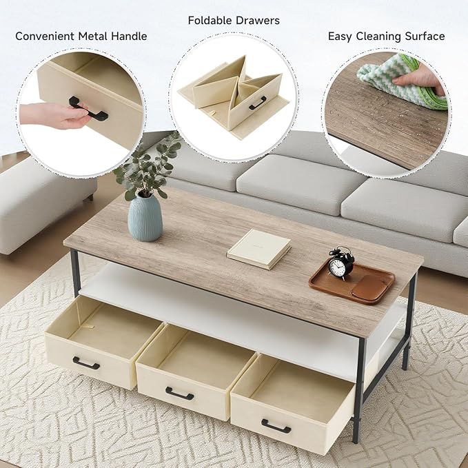 OC Orange-Casual 46" Coffee Table with Storage, 2-Tier Wood Coffee Table with Open Display Shelf & Foldable Drawers, Farmhouse Table with Metal Frame, Small Center Table for Living Room (46.3")