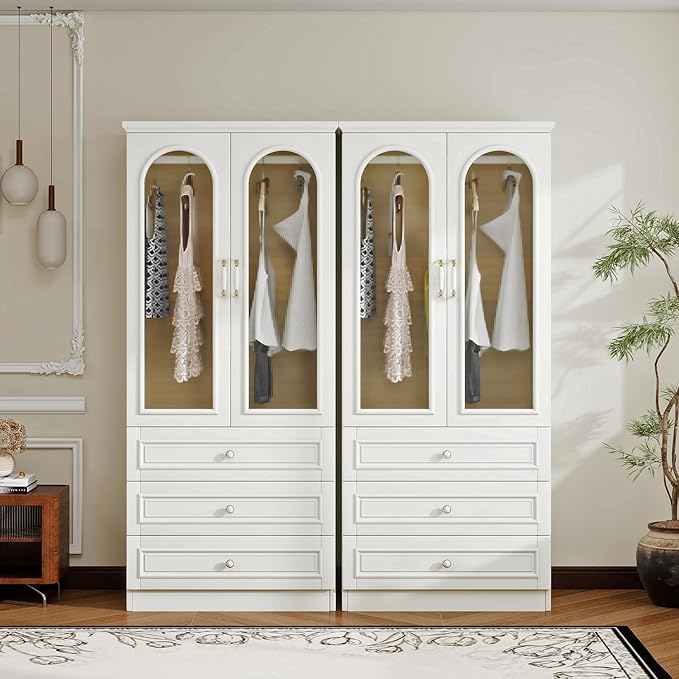 Solid Wood Armoire Wardrobe Closet, 4 Door Solid Wood Wardrobe Cabinet with 2 Drawers, Armoire Closet with Hanging Rods Storing Clothes for Bedroom (White-26)