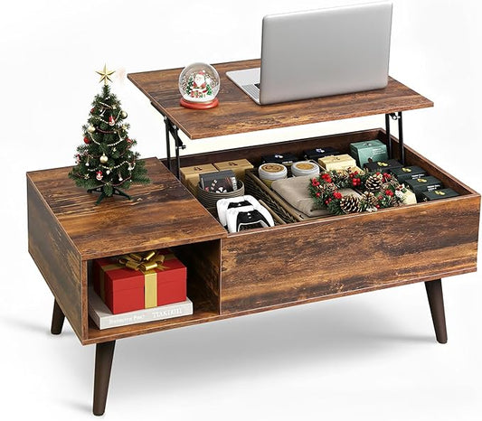 WLIVE Coffee Table for Living Room, Lift Top Coffee Table with Storage, Small Rising Wooden Dining Center Table with Storage Shelf & Hidden Compartment, 39" Rustic Brown