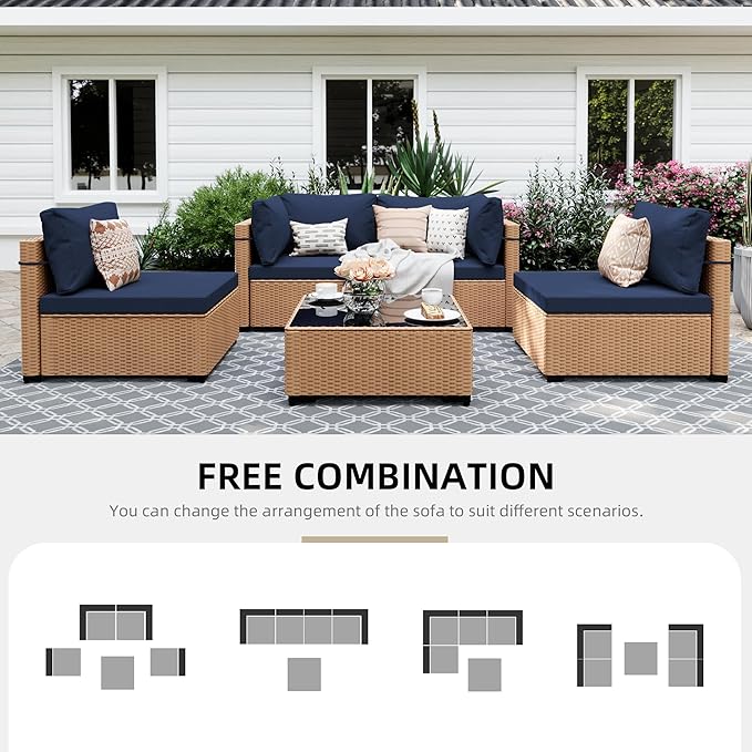 UPHA 5 Pieces Patio Furniture Sets, Wicker Outdoor Sectional Sofa Couch with Coffee Table, Patio Conversation Set for Deck Backyard Garden, Beige Rattan, Navy Blue Cushion