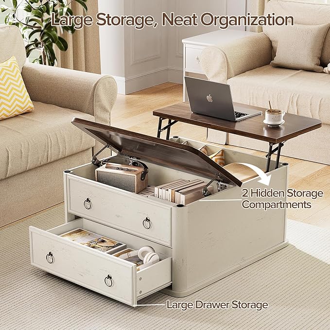 31.5" Lift Top Coffee Table with Storage,Square Coffee Tables with Lifting top for Living Room,Farmhouse Coffee Table with Storage Drawers and Large Hidden Compartment,Rustic White+Walnut