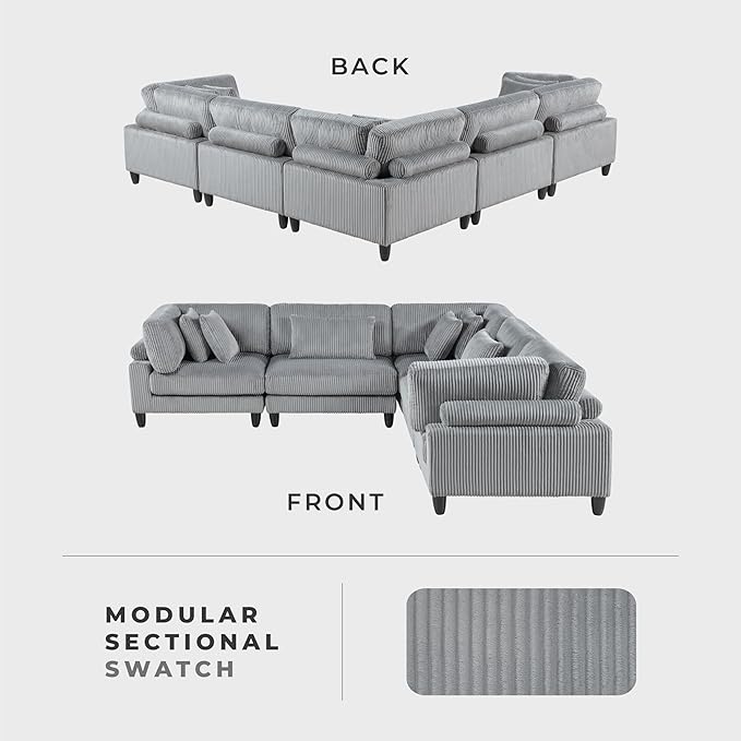 Lexicon 120 Inch Modular Sectional Sofa - Oversized 5 Seater Corduroy L Shaped Sectional Couch, 8 Accent Pillows, and Flexible Arrangement for Modern Living Rooms, Gray