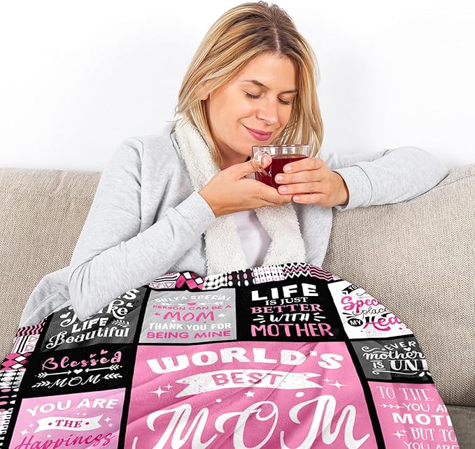 Moms Mothers Day Birthday Gifts from Daughter Son - Blanket Gifts for Mom - World's Best Mom Ever Gifts - Christmas Valentines Day Birthday Present for Moms - Mother Life Blanket 50"x60"