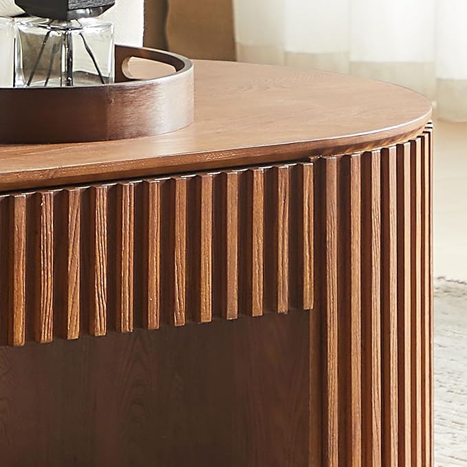 51.18'' Oval Coffee Table for Living Room Fluted Center Table with Drawer, Mid Century Modern Coffee Tables, Easy Assembly for Office Storage Tea Table Brown