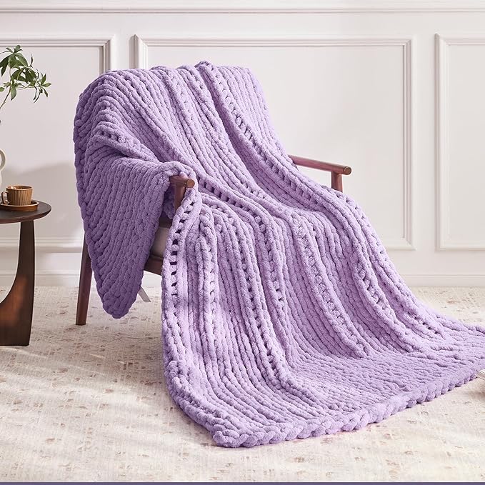 Negwoo Chunky Knit Throw Blanket, 50''*60'' Knitted Throw Chenille Yarn for Bed Couch, Handmade Light Purple Crochet Big Thick Blanket, Machine Washable Cute Comfy Blanket for Home Decor