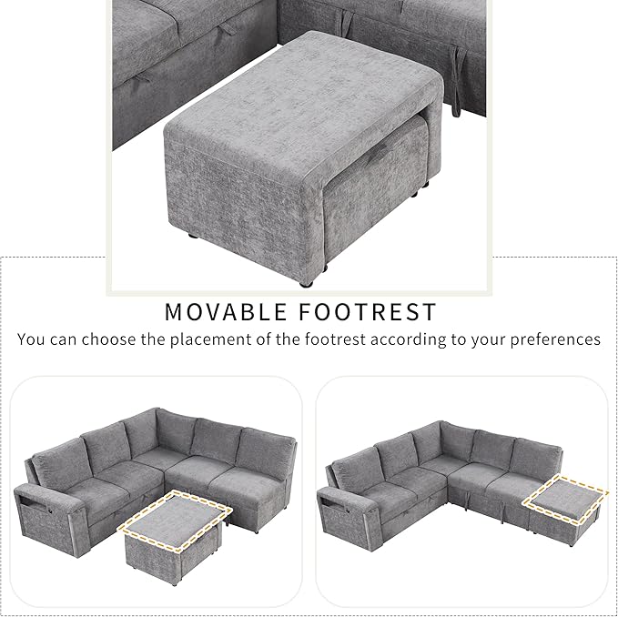 Ball & Cast 90.6" Convertible Sectional Couches Fabric Sofa Set with Pull Out Bed,L-Shaped Modular Padded Cloud w/Storage Space and USB Ports & Cup Holders on The Armrests,for Living Room,Gray