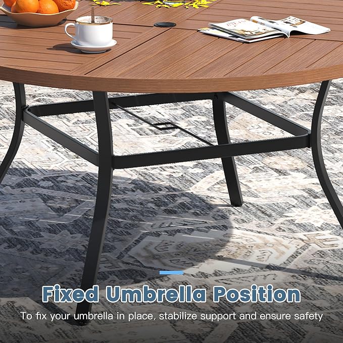 DIFY 11 Pieces Outdoor Patio Dining Set for 10, 63" Walnut Round Metal Patio Table and 10 Brown Stackable Textilene Patio Chairs, Outdoor Table and Chairs for Backyard Garden Poolside - Image 4