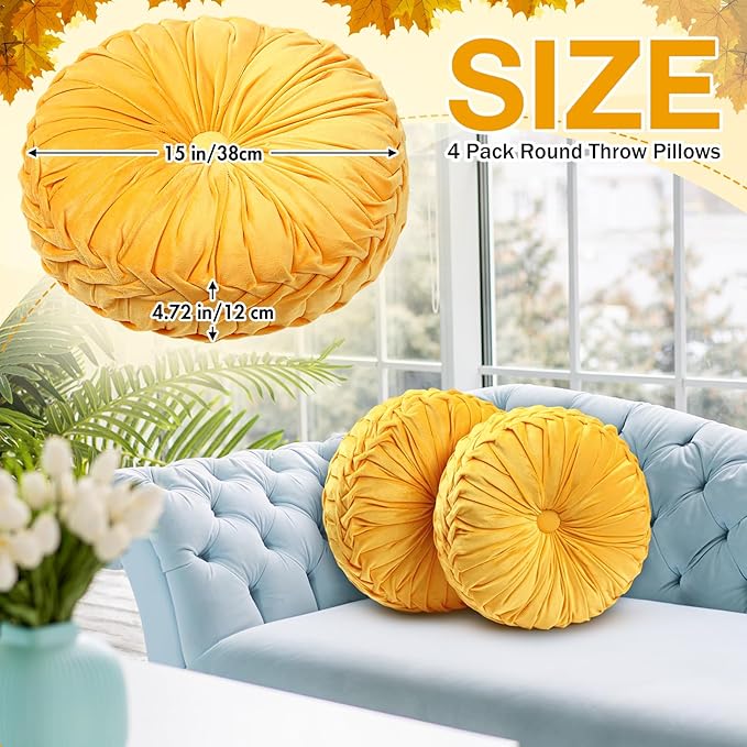 Beeveer 2 Pcs Round Throw Pillows 15 Inch Decorative Velvet Pleated Pumpkin Pillows Boho Floor Pillow with Center Button for Living Room Couch Chair Bed Sofa Home Decoration (Yellow)