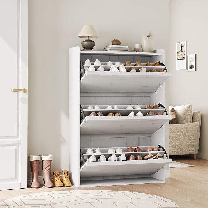 GarveeHome Shoe Cabinet with 3 Flip Drawers, Wooden Shoe Organizer with Adjustable Shelf, Shoe Storage for Entryway, Hidden Shoe Cabinet for Hallway, Living Room, White - Image 7