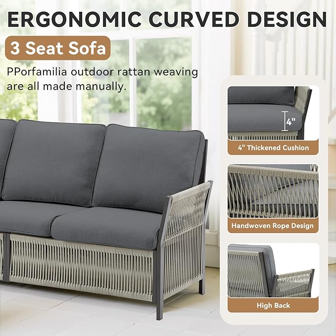Wicker Outdoor Patio Furniture Set, 6 Piece Patio Conversation Set with Swivel Rocker Chairs, Rattan Sofa, Ottomans and Coffee Table for Garden, Porch, Backyard (Grey)