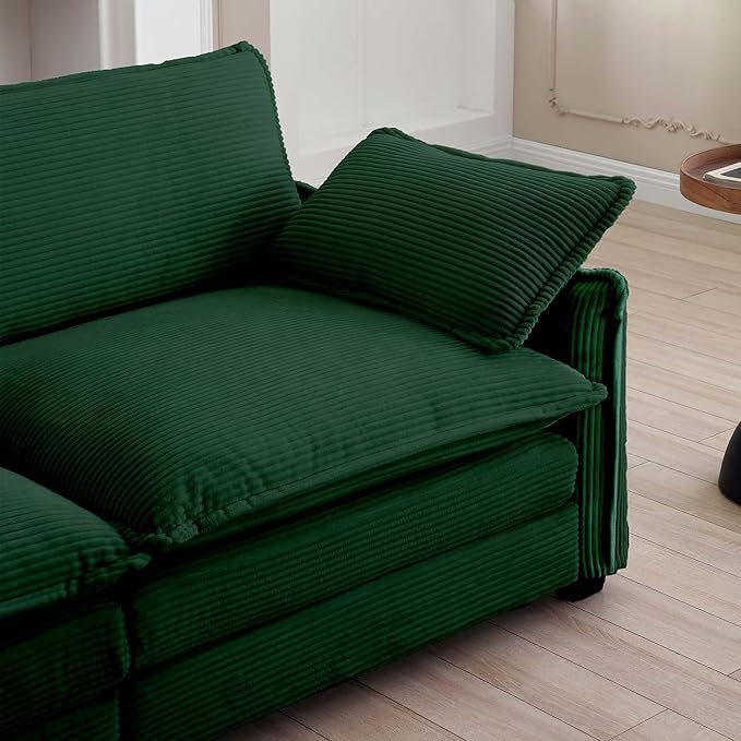 KEIKI 115" L-Shaped Oversized Corduroy Modular Sectional Sofa with 1 Ottoman, High-Density Foam Cushions, Removable Armrests, Upholstered 3-Seater Corner Couch with 5 Pillow, for Living Room, Green
