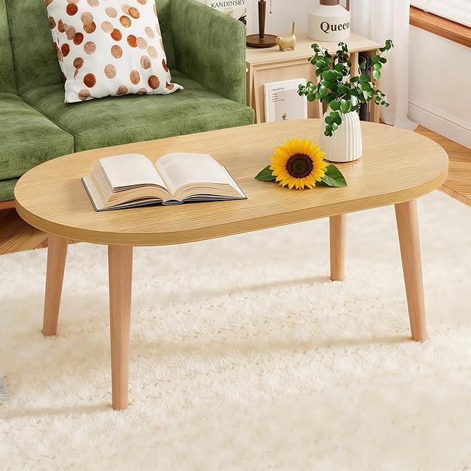 Coffee Table Low Table with 4 Solid Wood Leg, Floor Table Desk for Sitting on The Floor, Small Oval Coffee Table for Small Space, Side Table Japanese Coffee Table for Living Room Apartment Home, Brown