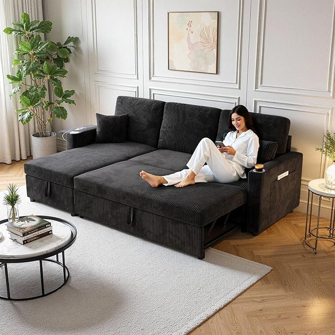 L-Shape Sleeper Sofa with Pull-Out Couch Bed, Storage & Ports, Cup Holders, Side Pockets & Side Table for Living Room, Apartment, Jet Black