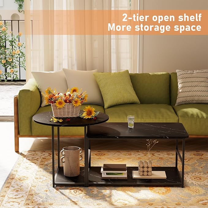 WOHOMO Coffee Table, Black Modern Coffee Tables for Living Room 2 in 1 Detachable Small Center Table Set with Storage, Black Marble