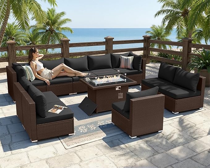 BULEXYARD 11 Piece High Back Wicker Patio Furniture Sets with Fire Pit, Luxury Extra Large Outdoor Seating Set, Comfortable Extra Wide Deep 10-Seater Sectional Couch Sofa for Outside, Brown & Black