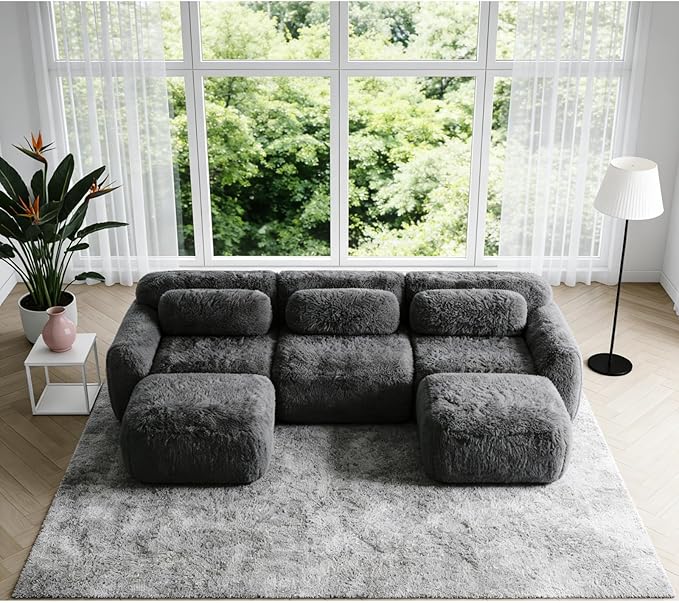 114.7" Modular Boneless Sofa, Modern Sectional Couch, U-Shape Boneless Couch for Living Room Apartments Bedroom, 32D High Density Sponge Lounge Sofa, No Assembly Required, Dark Grey