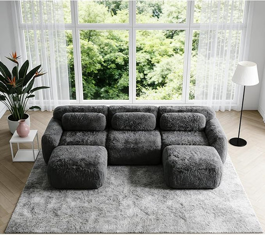 114.7" Modular Boneless Sofa, Modern Sectional Couch, U-Shape Boneless Couch for Living Room Apartments Bedroom, 32D High Density Sponge Lounge Sofa, No Assembly Required, Dark Grey