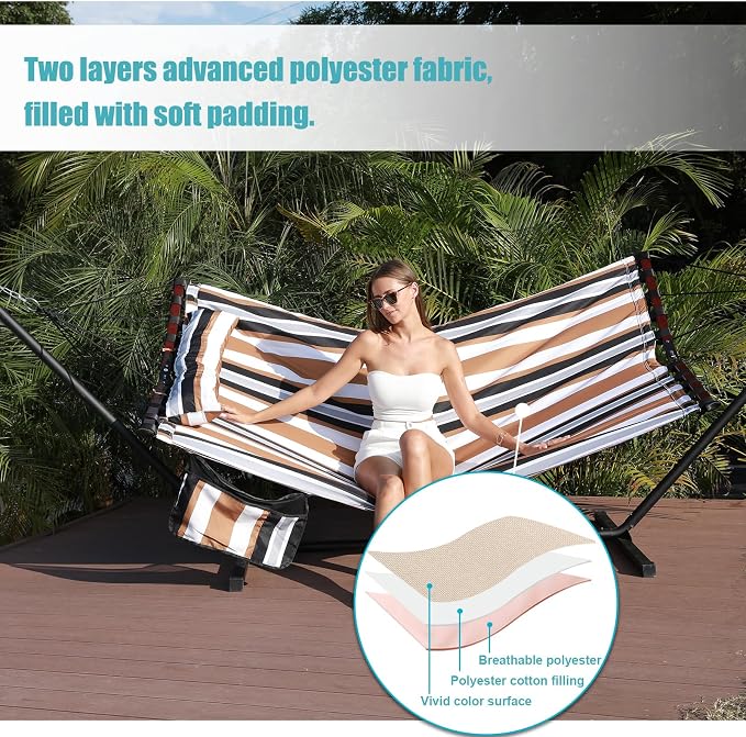 TegerDeger 12FT 2 Person Hammock Large Hammock 450LB Capacity with V Shaped Hardwood Spreader Bar & Nylon Rope for Outside, Patio, Garden, Backyard, Beach, Poolside - Coffee Stripes - Image 5