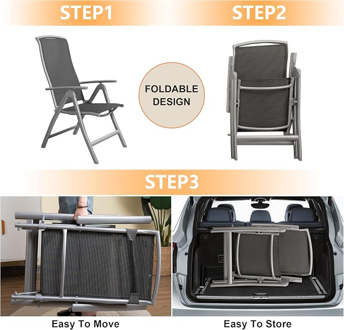 Domi Patio Folding Chairs Set of 2, Aluminium Frame Outdoor Reclining Patio Chairs for Garden Camping Poolside Beach Deck, Adjustable High Back Lawn Chairs with Textilene Fabric Seat, Dark Gray - Image 8