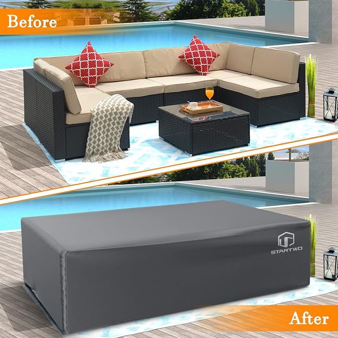 STARTWO Patio Furniture Covers Waterproof, Anti-UV Tear-Resistant 500D Heavy Duty 7-12 Seats Outdoor Furniture Cover for Sectional Sofa and Table Chairs, 110"x84"x28", Grey - Image 7